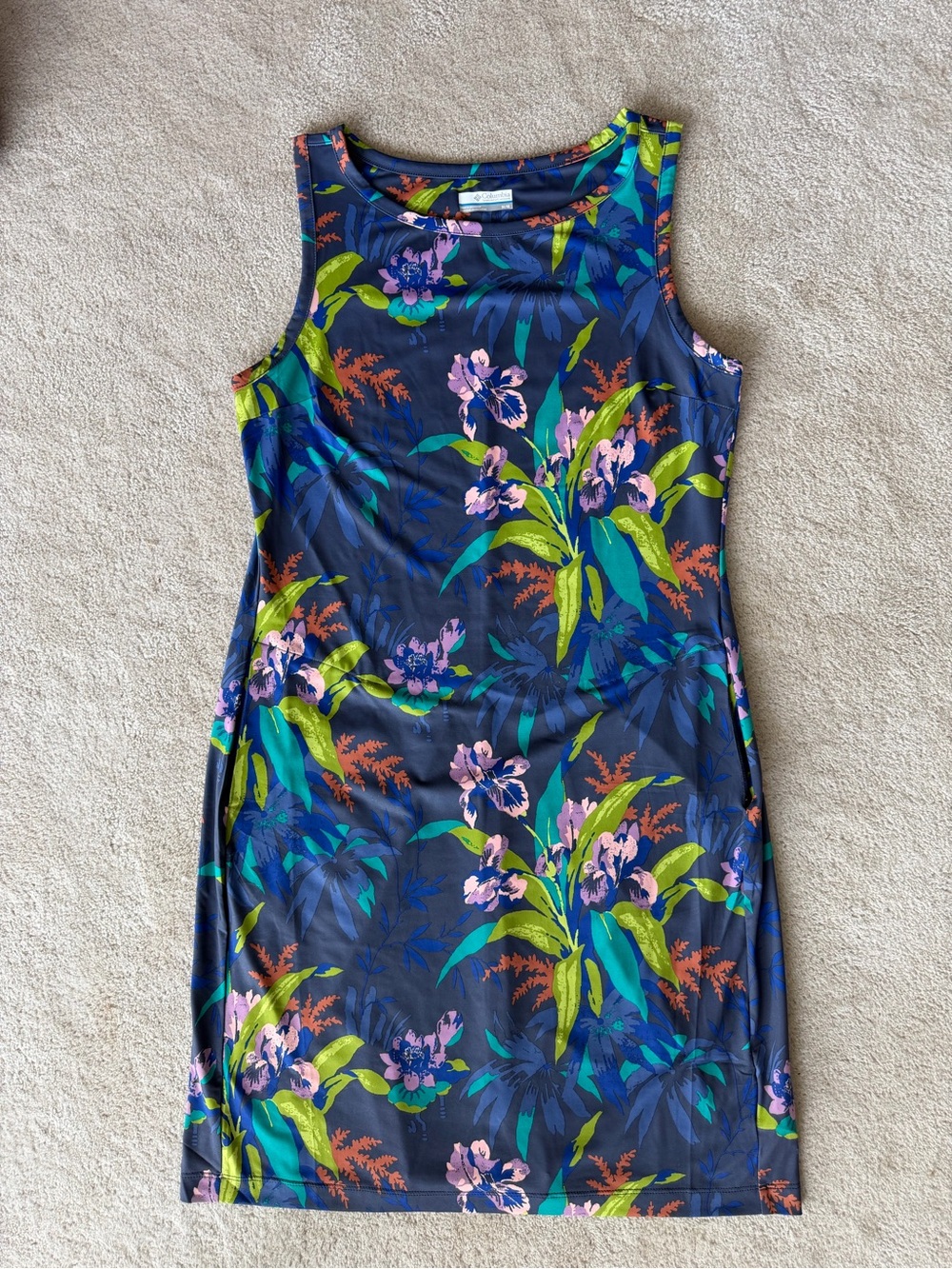 Columbia Floral Navy Sleeveless Sheath Dress with Pink & Green Accents
